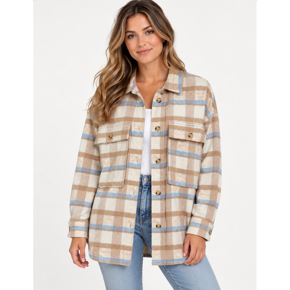 Pink Lily Shacket Womens Small Tan Blue Plaid Oversized Wool Blend Jacket EUC